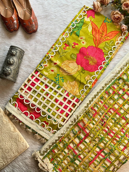 Phulwari Green Multicolor Cotton Dress Material with Net Detail