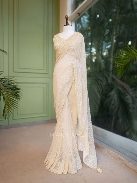 Chandelier Cream Net Saree with Sequin and Cut Dana Blouse