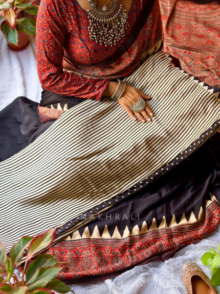 Mohini White Modal Stripe Printed Saree Collection