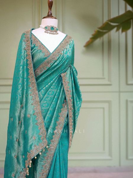 Tarangini Firozi Banarasi Tissue Georgette Saree with Scalloped Zardozi Border