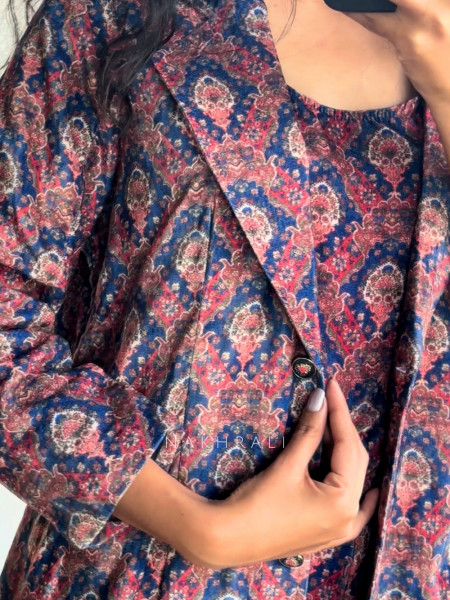 Aarunya Blue Cotton Coat Pant Set with Ethnic Print