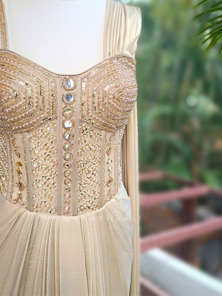Sohvi Beige Drape Gown with Bead, Sequin, Cut Dana and Mirror Work
