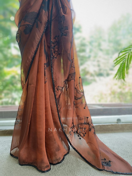 Glittering Brown Organza Silk Saree with Abstract Floral Peacock Cutdana Work