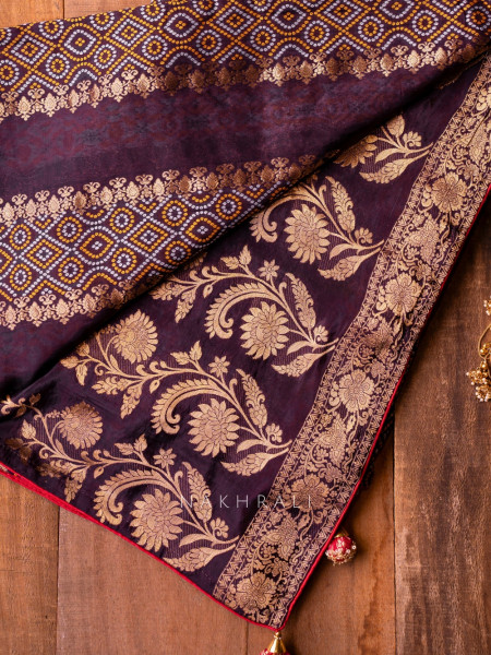 Pravahini Purple Bandhani Saree with Sequin, Cut Dana & Mirror Work Readymade Blouse