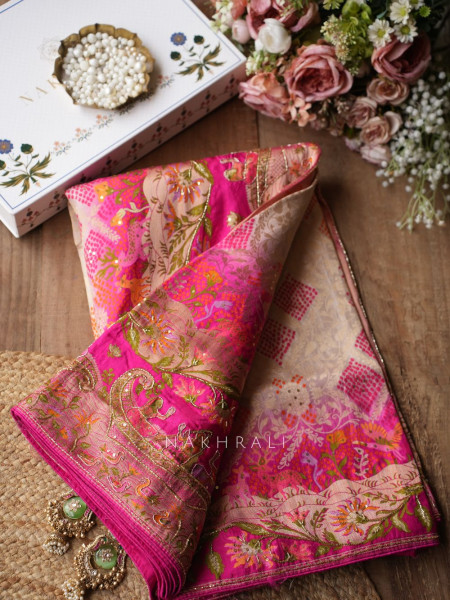 Heritage Bloom Magenta Gaji Silk Saree With Bandhani, Marodi & Gota Work