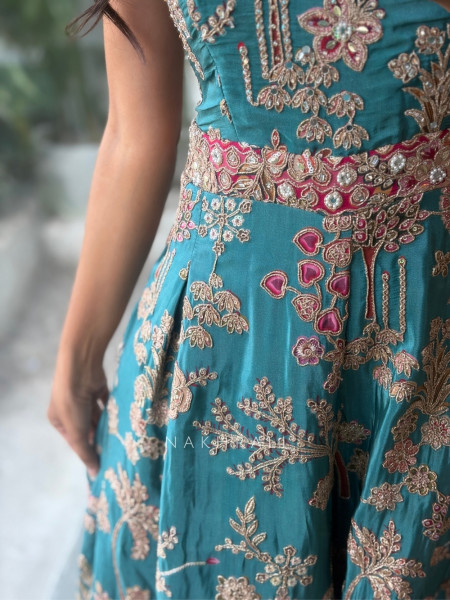 Ishvani Teal Blue Chanderi Silk Indo-Western Jumpsuit