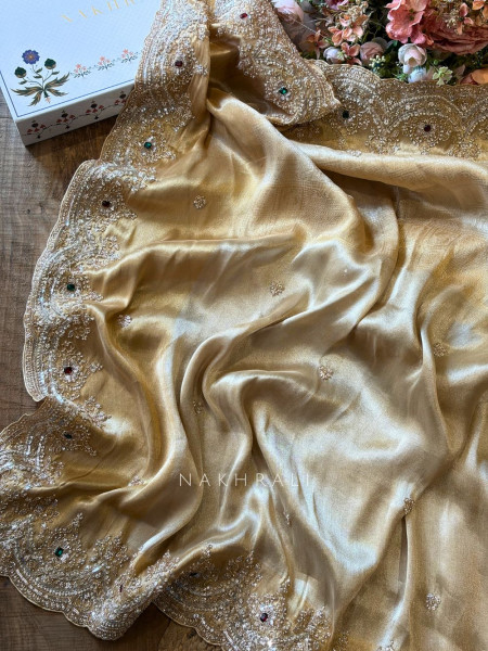 Mirev Beige Gold Zari Weaved Saree with Beads Sequin Embroidery