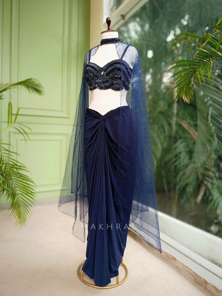 Midnight Spark Navy Crop Top Skirt Set with Cape