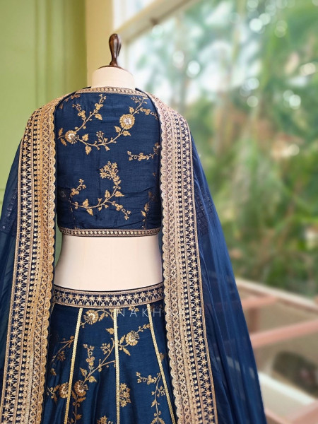 Orvian Navy Blue Lehenga Set with Floral Weave Sequin Border Work