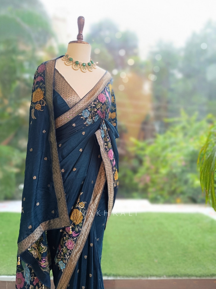 Image of Gul-e-Rangat Blue Viscose Georgette Saree With Kashmiri Aari Floral Embroidery