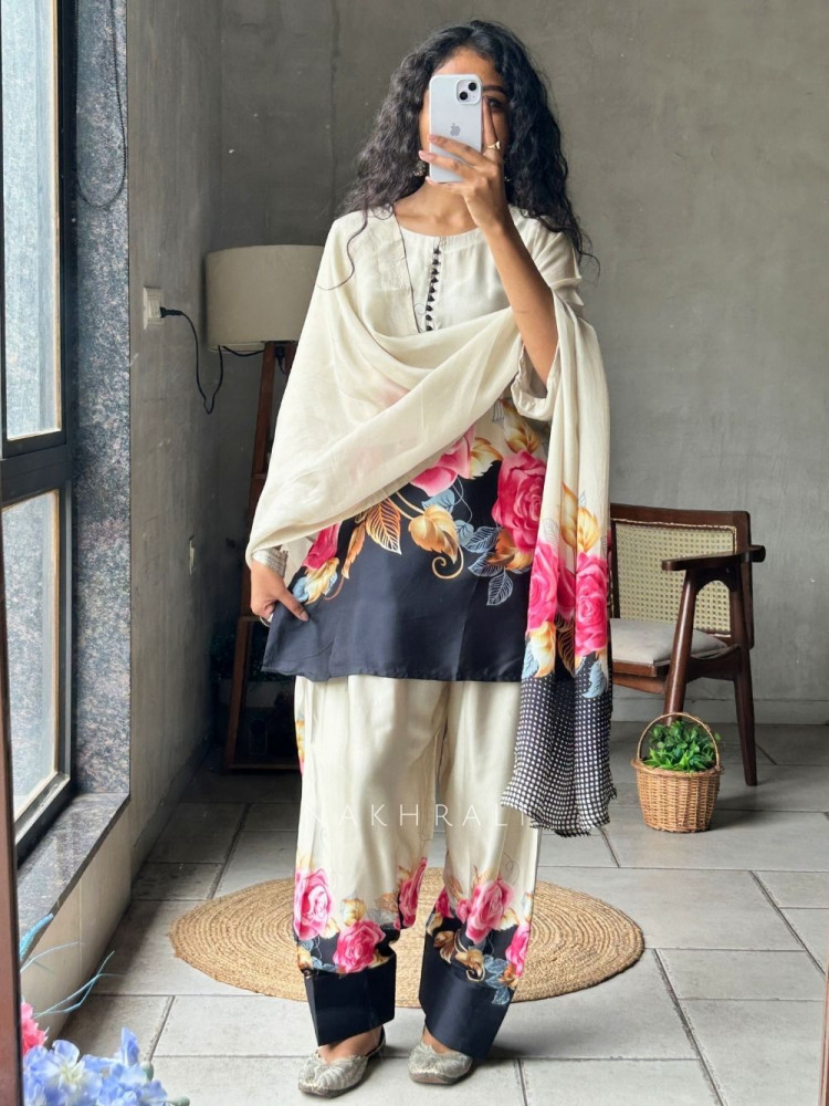 Image of Nivelle Beige Satin Farsi Suit Set With Floral Print