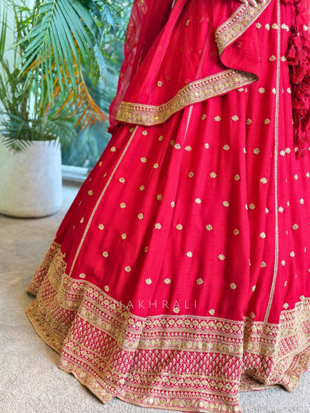 Saanvika Red Silk Bridal Lehenga with Zari Sequin Work