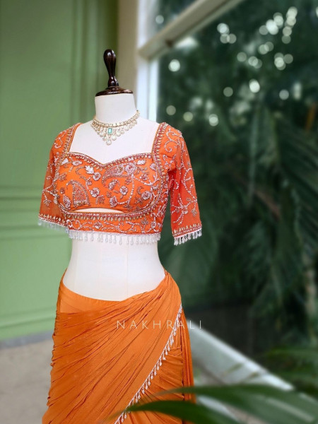 Aarini Orange Embroidered Drape Skirt Set