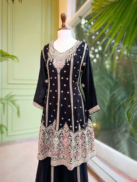 Kiara Black Zari Sequin Embroidered Kurta Palazzo Set with Dupatta