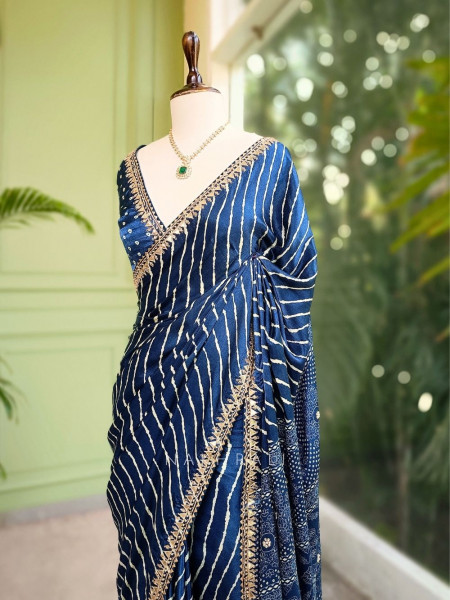 Gulnaar Blue Saree with Zari Bandhej Work