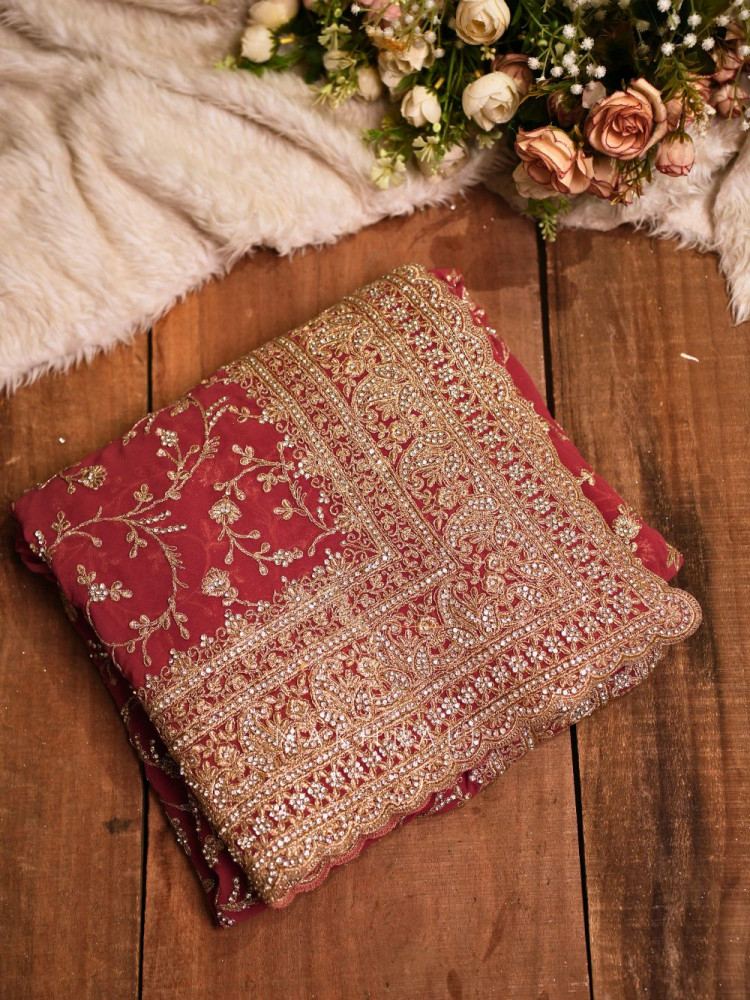Image of Ajmal Brick Red Two-Piece Saree Set with Dupatta