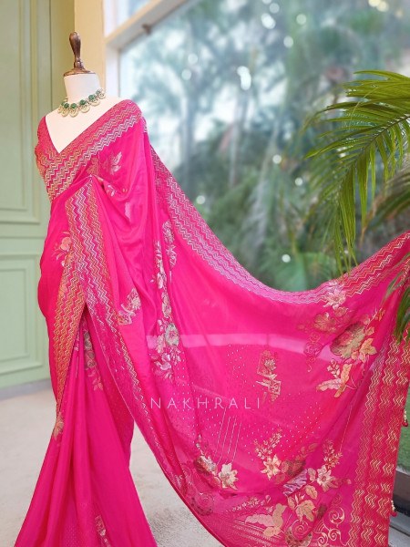 Vionika Plum Magenta Chiffon-Crepe Saree With Chevron Zari Border & Floral Embroidery