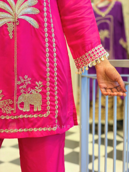 Rivka Magenta Silk Kurta Pant Set with Embroidery Tassel Work