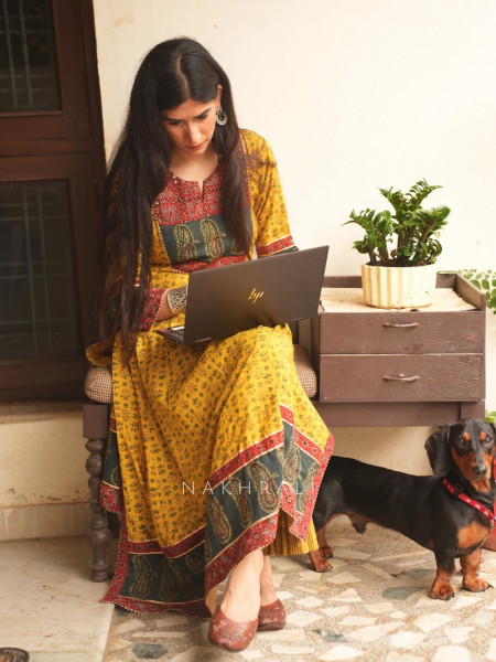 Imroz Mustard Cotton Flared Kurta Pant Set