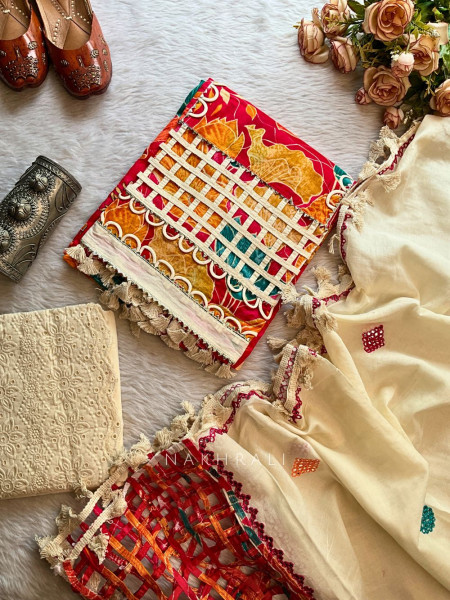 Phulwari Red Multicolor Cotton Dress Material with Net Detail