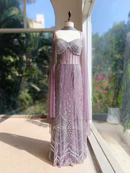 Seriza Purple Sequin Cut Dana Gown with Cape Dupatta