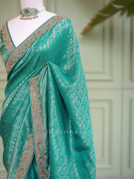 Tarangini Firozi Banarasi Tissue Georgette Saree with Scalloped Zardozi Border