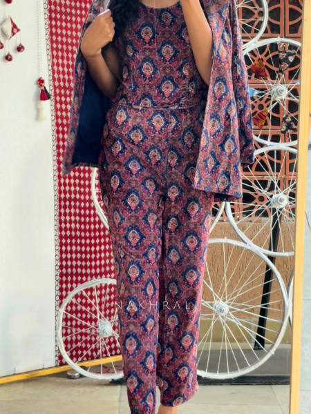 Aarunya Blue Cotton Coat Pant Set with Ethnic Print