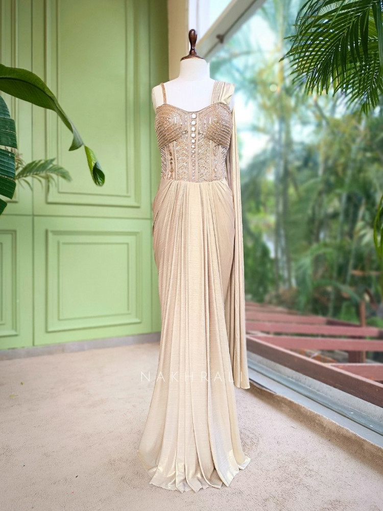 Image of Sohvi Beige Drape Gown with Bead, Sequin, Cut Dana and Mirror Work