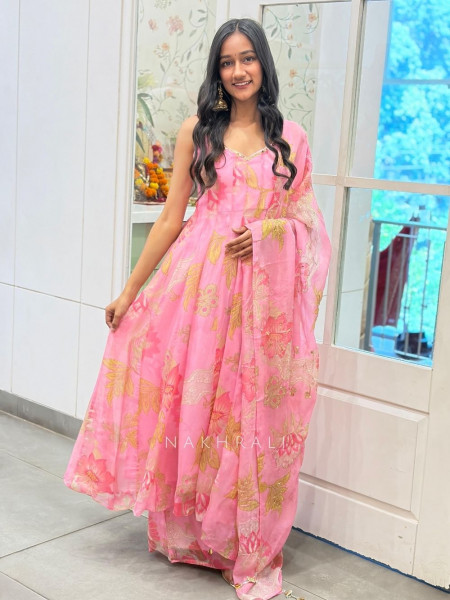 Ever Bloom Soft Pink Floral Georgette Anarkali Suit Set