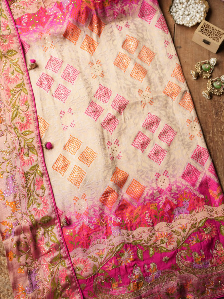 Heritage Bloom Magenta Gaji Silk Saree With Bandhani, Marodi & Gota Work