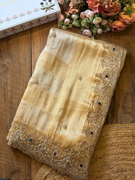 Mirev Beige Gold Zari Weaved Saree with Beads Sequin Embroidery