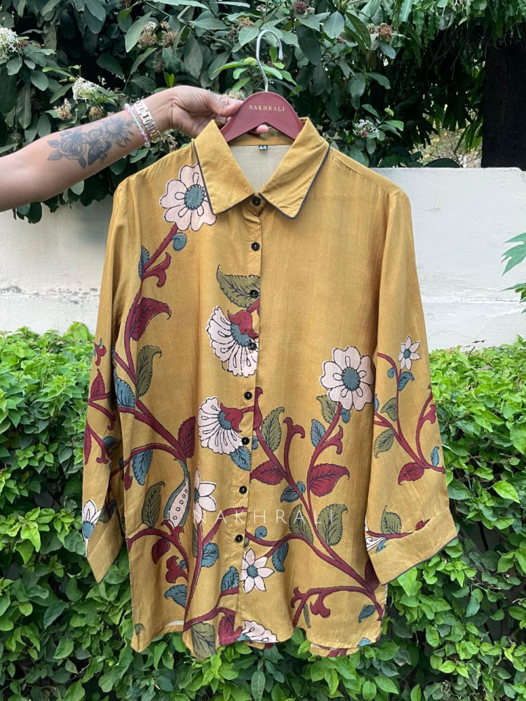 Image of Rangva Mustard Printed Shirt with Floral Motif