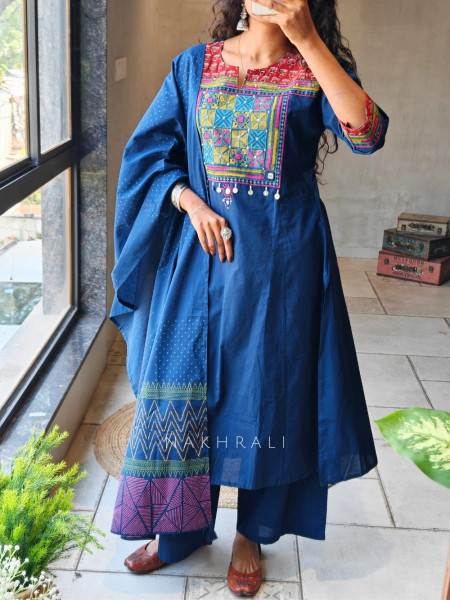 Zerith Solid Navy Blue Kurta Pant Set with Phulkari Embroidered Yoke