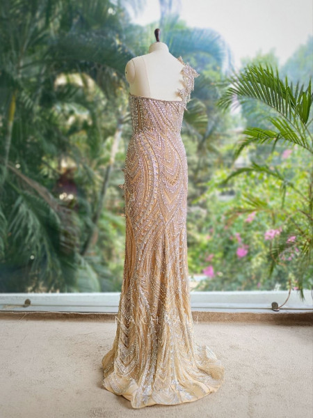 Opal Dawn Golden Gown with Stone, Sequin & Cut Dana Work