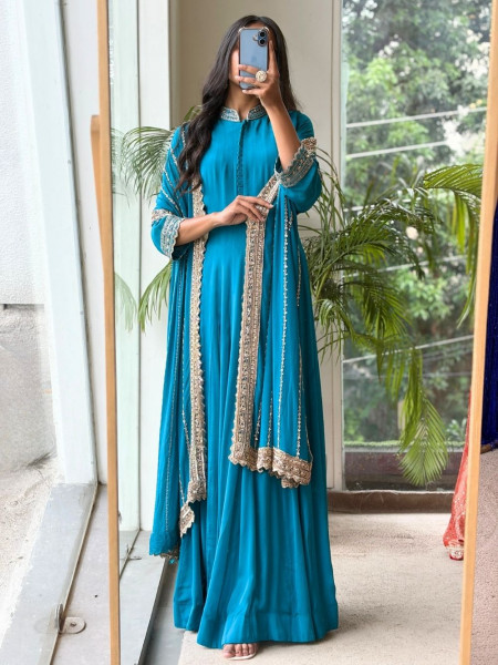 Zaira Faux Blue Premium Faux Georgette Anarkali Suit Set