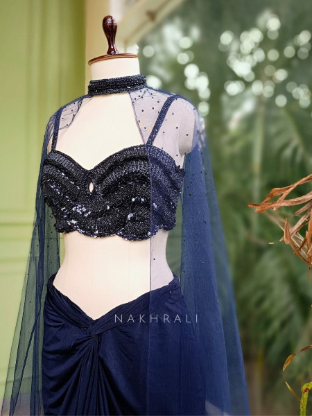 Midnight Spark Navy Crop Top Skirt Set with Cape