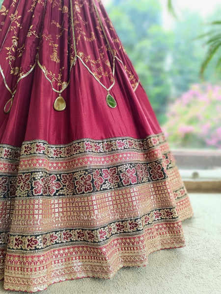 Orvian Maroon Lehenga Set with Floral Weave Sequin Border Work
