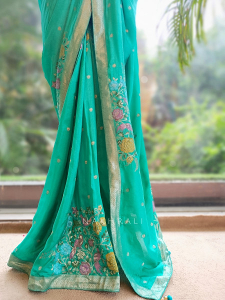 Gul-e-Rangat Rama Green Viscose Georgette Saree With Kashmiri Aari Floral Embroidery