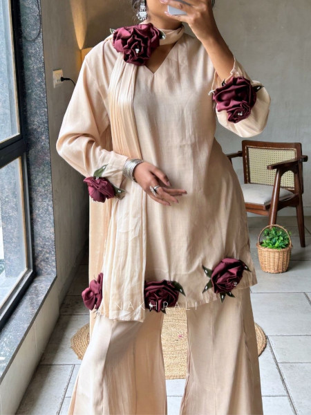 Shanaya Beige Palazzo Kurta Set With 3D Rose Appliqué Work