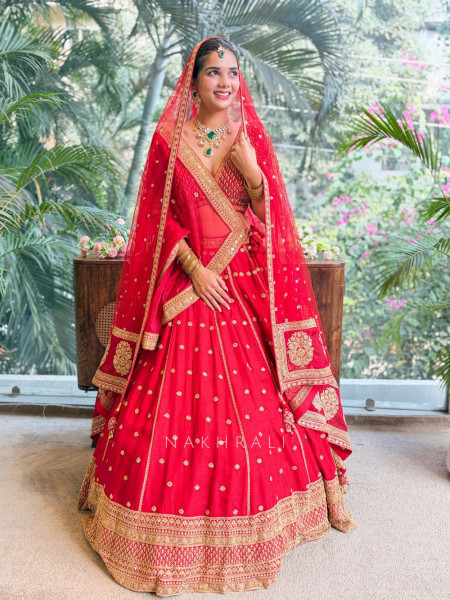 Saanvika Red Silk Bridal Lehenga with Zari Sequin Work