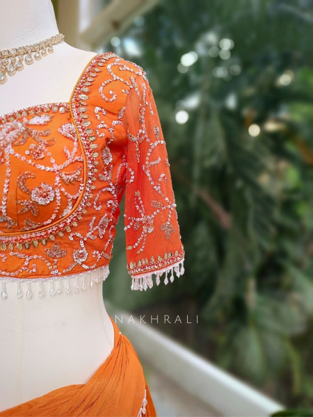 Aarini Orange Embroidered Drape Skirt Set