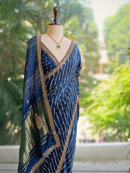 Gulnaar Blue Saree with Zari Bandhej Work