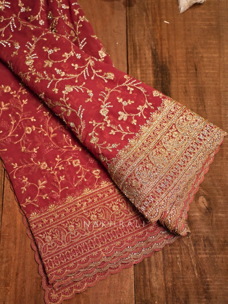 Ajmal Brick Red Two-Piece Saree Set with Dupatta