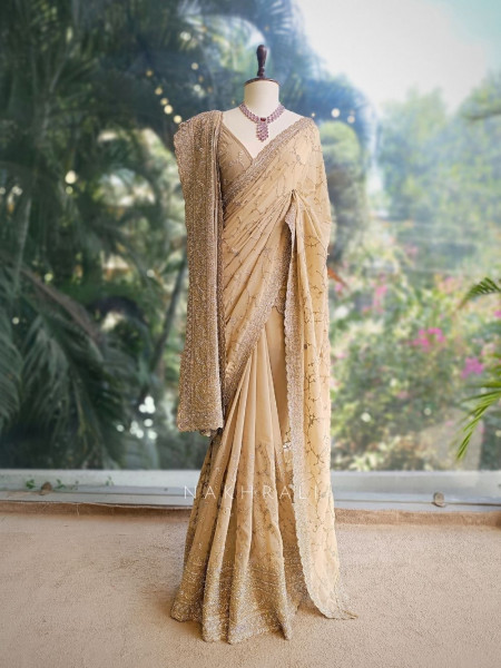 Chahat Beige Two-Piece Saree Set with Dupatta