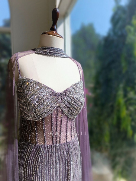 Seriza Purple Sequin Cut Dana Gown with Cape Dupatta