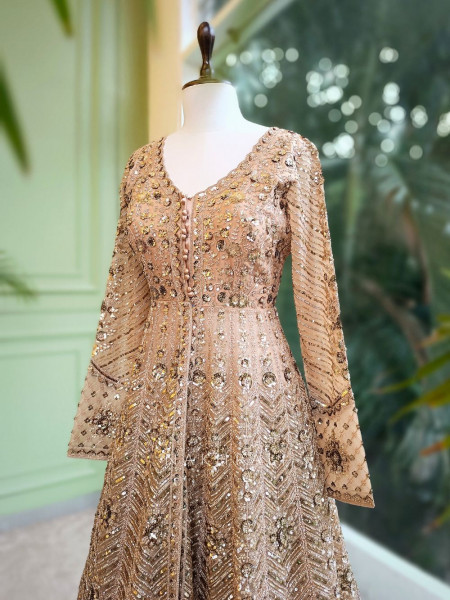 Mocha Glam Brown Achkan Pattern Lehenga with Zari Sequin Work