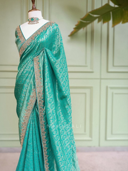 Tarangini Firozi Banarasi Tissue Georgette Saree with Scalloped Zardozi Border
