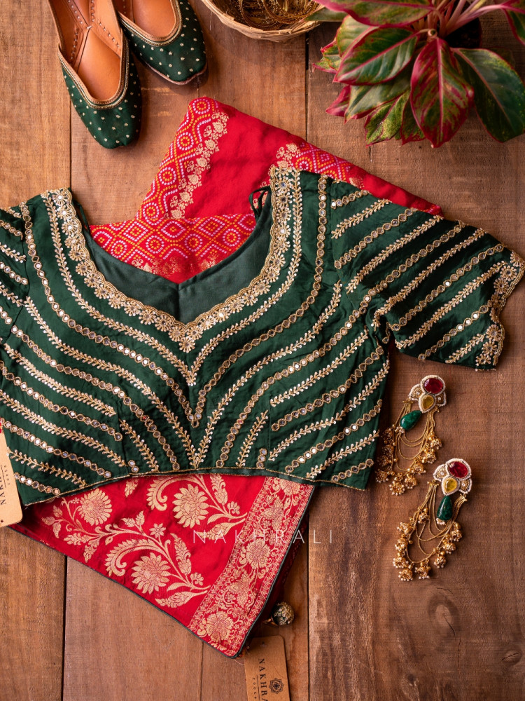 Image of Pravahini Red Bandhani Saree with Sequin, Cut Dana &amp; Mirror Work Readymade Blouse