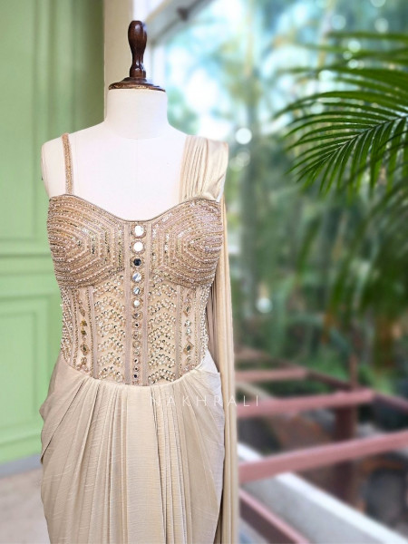 Sohvi Beige Drape Gown with Bead, Sequin, Cut Dana and Mirror Work