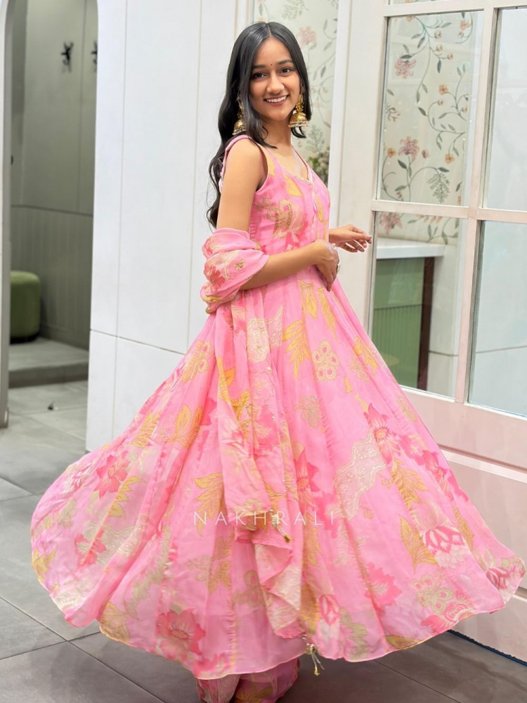 Image of Ever Bloom Soft Pink Floral Georgette Anarkali Suit Set